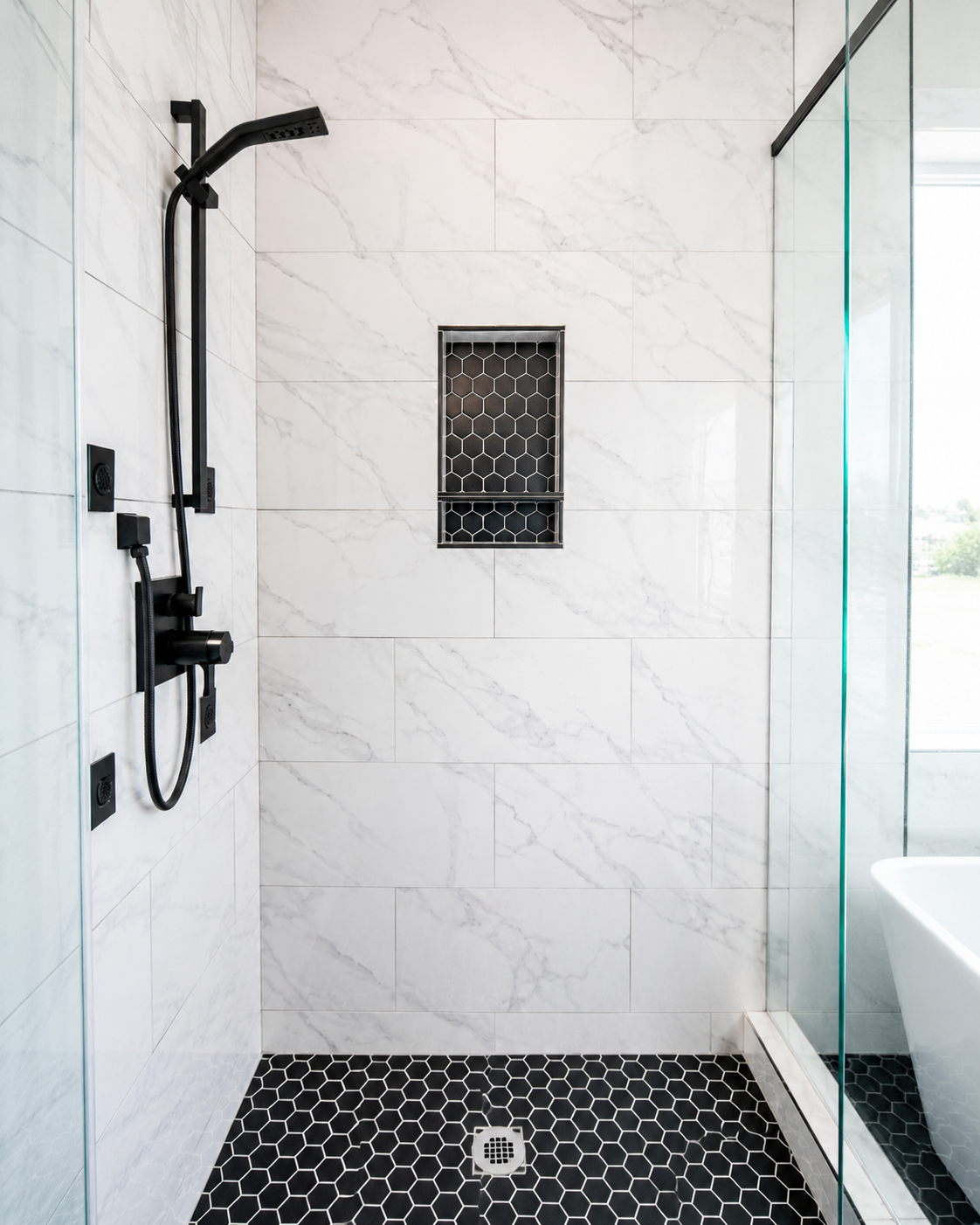 Walk-in shower design for freestanding tub suite