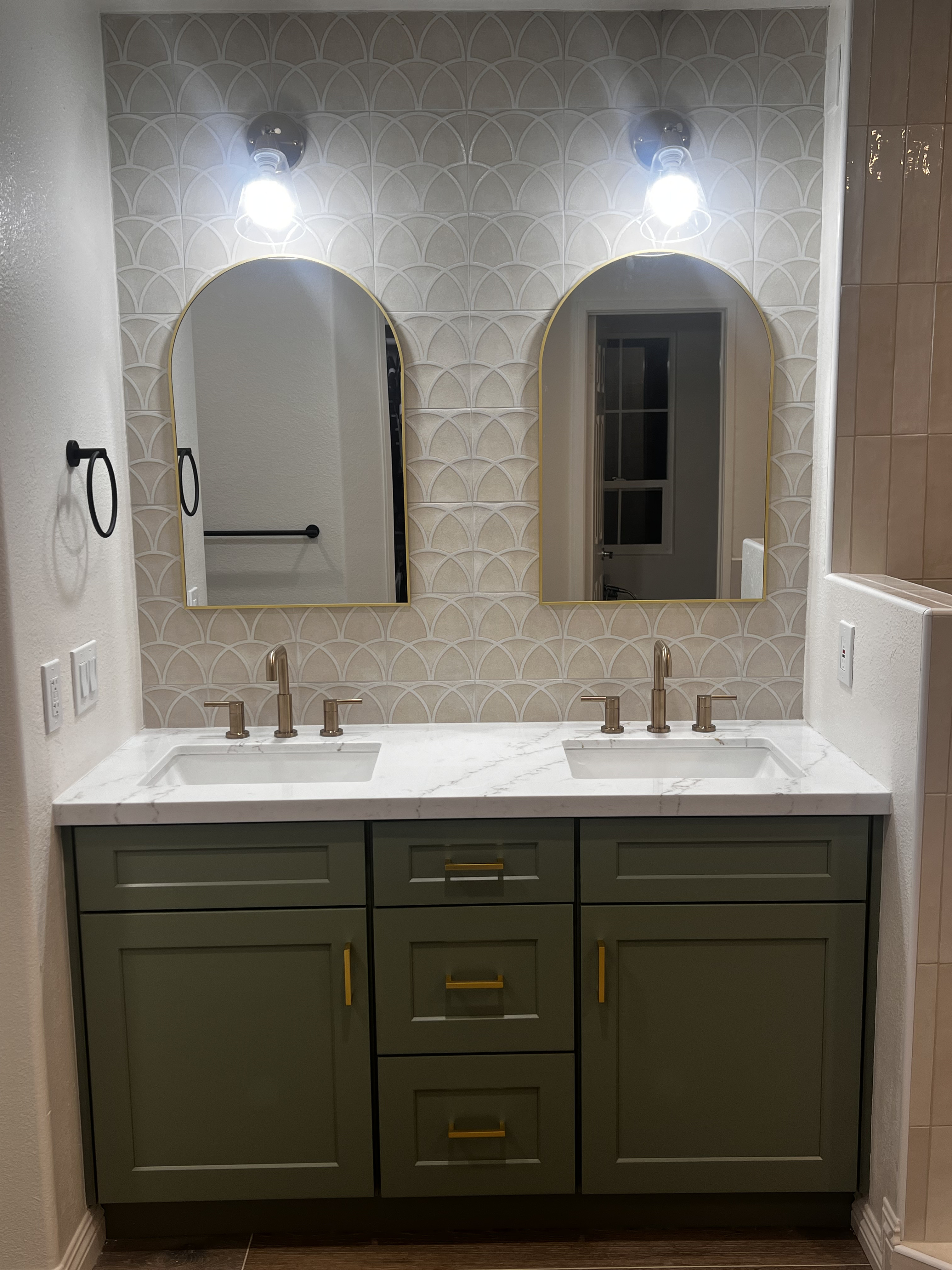 Sage vanity bath remodel detail and finishes