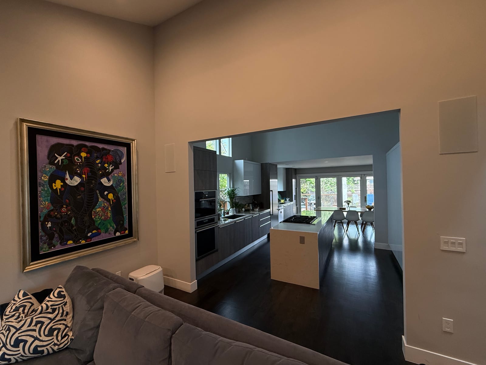 Open kitchen and living remodel with island and dining view